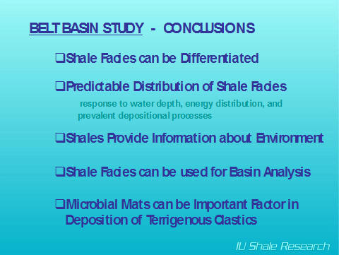 Conclusions of Belt basin study; shale facies can be differentiated, distribution of shale facies is predictable, shale provide information about environment, shale facies can be used for basin analysis, microbial mats can be an imprtant factor
