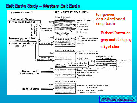A scientific diagram from the Belt Basin Study shows the sedimentological models for the Prichard Formation, illustrating various shale and siltstone features and their origins from different sedimentary processes in a deep basin.