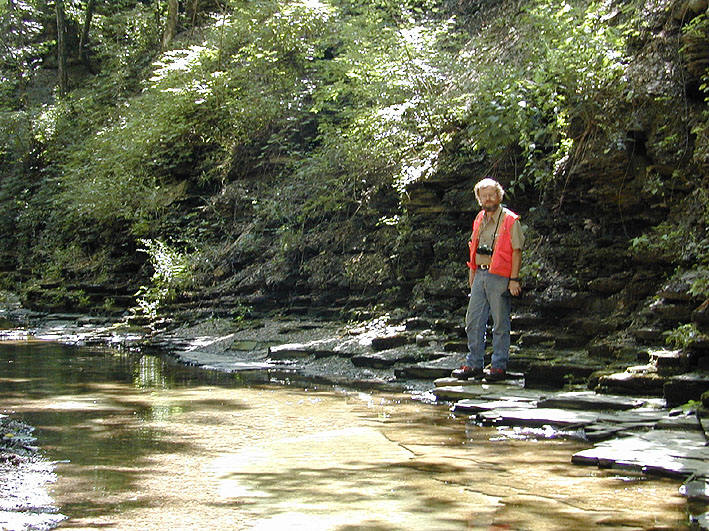 A geologic outcrop in an unknown location shows a man with a beard and binoculars standing on a rock ledge next to a small stream.