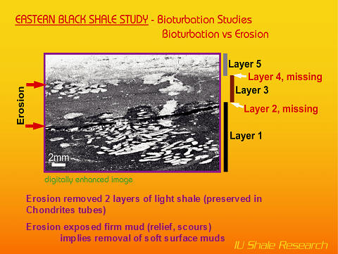 A slide from the Eastern Black Shale Study shows a microscopic view of a digitally enhanced shale sample, with labels highlighting five layers, two of which have been removed by erosion, and showing how bioturbation increases the amount of information available to sedimentologists.
