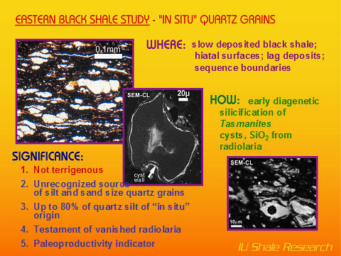 A slide from the Eastern Black Shale Study shows three magnified images of pyritic microspheres with a caption that describes them as lag deposits that indicate high-energy conditions, substantial erosion, and an aerated water column.