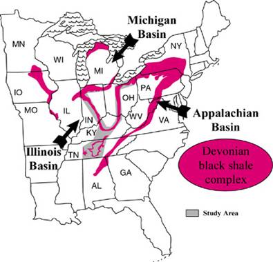 A map of the eastern United States shows the geographic extent of the Devonian black shale complex in the Appalachian, Illinois, and Michigan Basins.