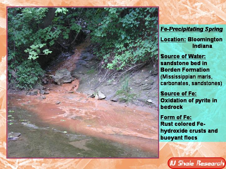 Spring in Bloomington, Indiana where rust-colored iron precipitates coat rocks and streambed. Text notes source water from Borden Formation sandstone, iron from pyrite oxidation, and formation of iron hydroxide crusts and buoyant flocs. Slide labeled IU Shale Research.