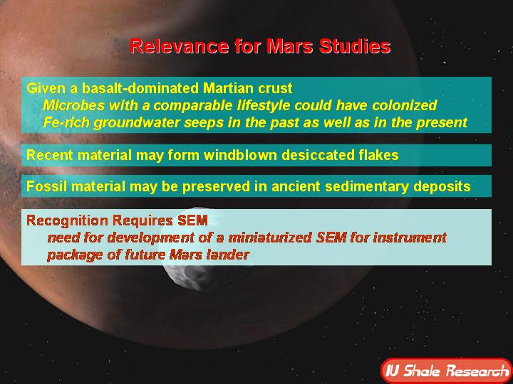 Slide titled 'Relevance for Mars Studies' over a background image of Mars. Text notes that microbes could have colonized Fe-rich groundwater seeps in a basalt-dominated crust, recent material may form windblown flakes, and fossil material could be preserved in ancient sedimentary deposits. Recognition requires a miniaturized scanning electron microscope (SEM) for future Mars landers. IU Shale Research logo at bottom