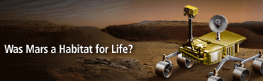 Illustration of a Mars rover on a rocky surface with the text: 'Was Mars a Habitat for Life