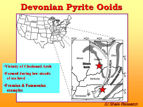 Slide titled 'Devonian Pyrite Ooids.' Map highlights the Cincinnati Arch and Illinois Basin regions with red stars. Notes state pyrite ooids formed during low sea level stands, with Frasnian and Famennian examples. IU Shale Research logo at bottom