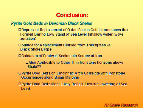 Slide titled 'Conclusion: Pyrite Ooid Beds in Devonian Black Shales.' Key points note replacement of oolitic ironstones formed during low sea level, sulfide replacement from black shale drape, oxidation of sediments as iron source, correlation with ironstone on basin margins, and reflection of eustatic sea-level lowering. IU Shale Research logo at bottom