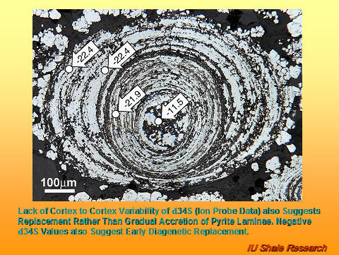 Microscopic image of a pyrite ooid with concentric layers labeled with δ34S isotope values ranging from -22.4 to -17.5. Text notes that uniform isotope values suggest replacement rather than gradual accretion, with negative δ34S indicating early diagenetic replacement. Scale bar indicates 100 µm. IU Shale Research logo at bottom