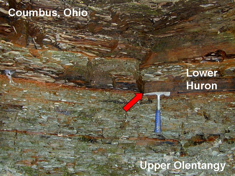A geologic outcrop near Coumbus, Ohio, shows the contact between the overlying Lower Huron shale and the underlying Upper Olentangy shale, with a geologic hammer marking the boundary.