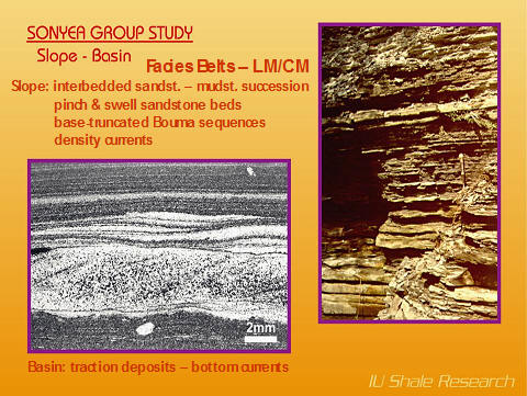 A scientific slide from the Sonyea Group Study shows the characteristics of the Slope-Basin facies, with a photograph of a steeply-dipping outcrop and a microscopic image of Bouma sequences and graded bedding.