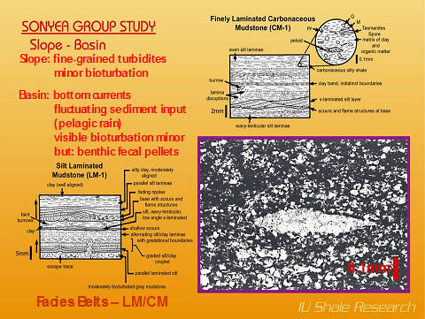 A scientific slide from the Sonyea Group Study shows the characteristics of the Slope-Basin facies, with detailed drawings of bioturbation and fine laminations in the mudstone and a microscopic image of a fecal pellet.