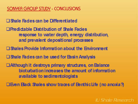 A presentation slide from the Sonyea Group Study summarizes the conclusions of the research, listing six key points about shale facies, basin analysis, and the informative role of bioturbation and benthic life.