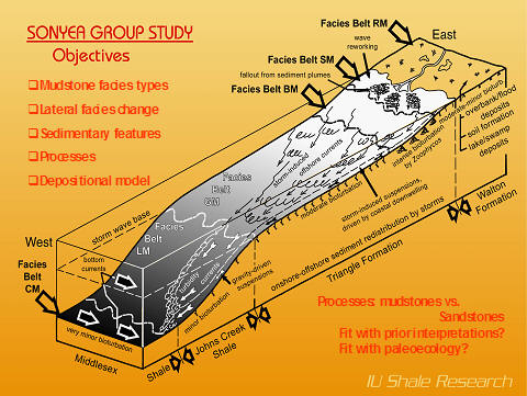 A scientific block diagram from the Sonyea Group Study shows a three-dimensional model of the Devonian basin, illustrating the various mudstone facies belts from a nearshore, high-energy environment to an offshore, deep-water setting.