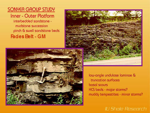 A scientific slide from the Sonyea Group Study shows two photographs of a rock outcrop representing the inner-outer platform environment, with a geologic hammer for scale in one image, and text describing interbedded sandstone and mudstone beds.