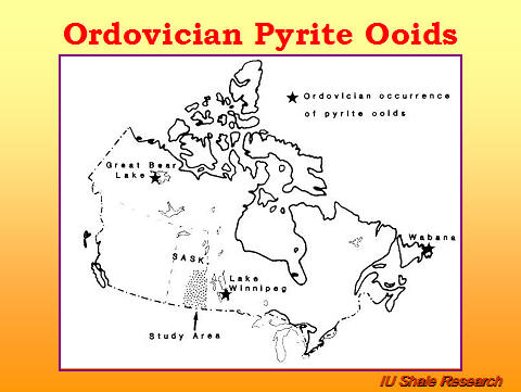 Slide titled 'Ordovician Pyrite Ooids' with a map of Canada marked with stars showing Ordovician occurrences of pyrite ooids, including sites near Great Bear Lake, Lake Winnipeg, and Wabana. IU Shale Research logo at bottom